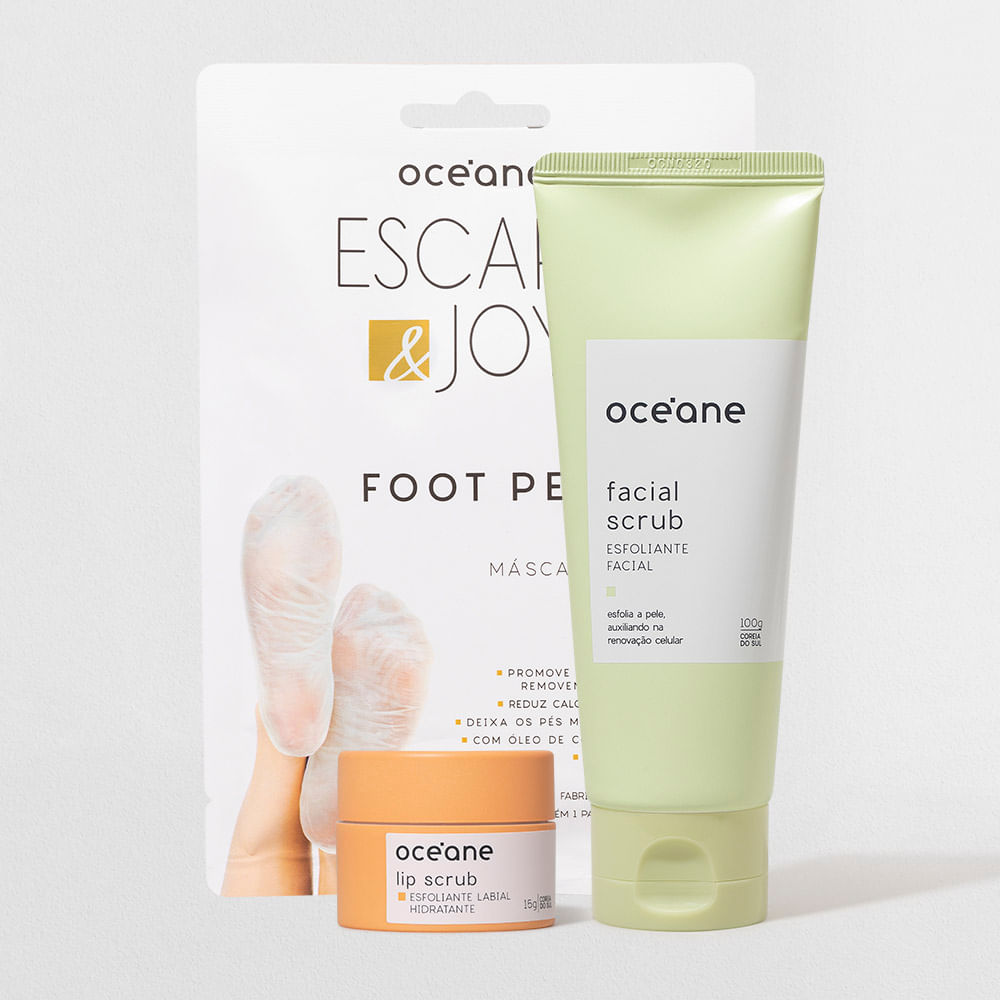 Kit Esfoliação - Esfoliante Facial + Esfoliante Labial + Máscara Esfoliante para Pés (3 Produtos)