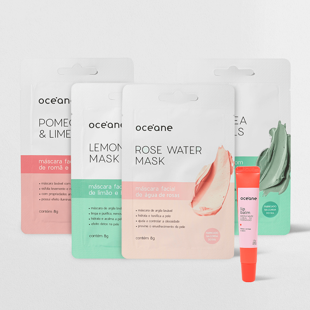 Kit Hidratante Labial de Morango + 4 Máscaras Faciais Diversas (5 Produtos)
