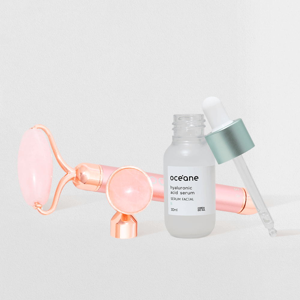 Kit Sérum Facial com Ácido Hialurônico + Massageador Elétrico de Quartzo Rosa (2 Produtos)