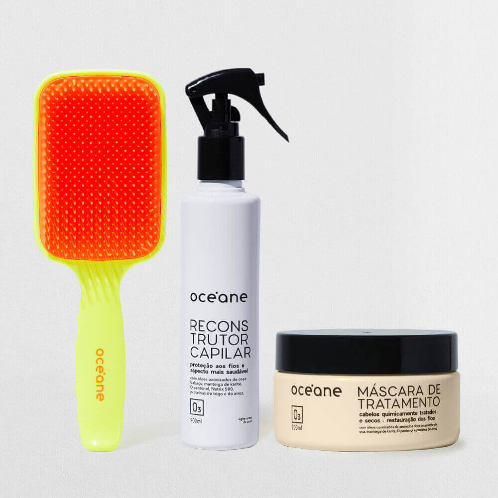 Kit Máscara de Tratamento para Cabelos Quimicamente Tratados + Reconstrutor Capilar + Escova (3 Produtos)