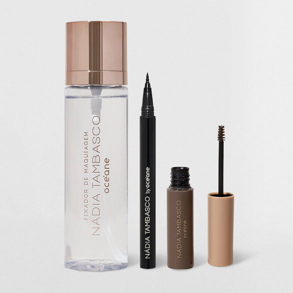 Kit Máscara de Sobrancelha Castanho Escuro + Caneta Delineadora + Fixador de Maquiagem Nádia Tambasco By Océane (3 Produtos)
