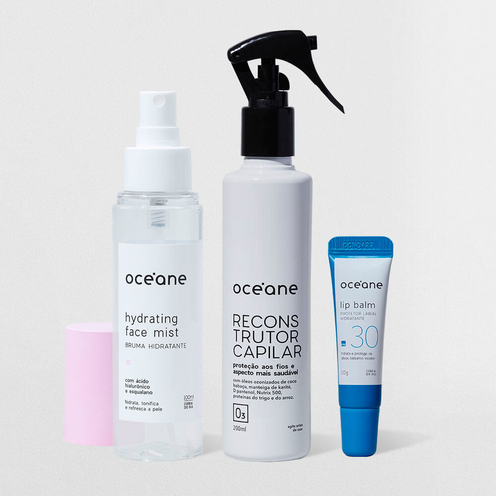 Kit Cuidados para Praia - Bruma Hidratante + Reconstrutor Capilar + Protetor Labial Hidratante