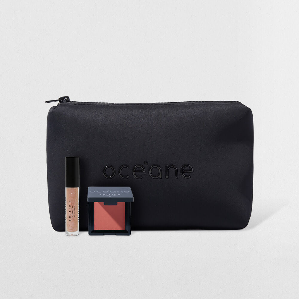 Kit Nécessaire Preto + Blush Cremoso + Brilho Labial Transparente (3 Produtos)