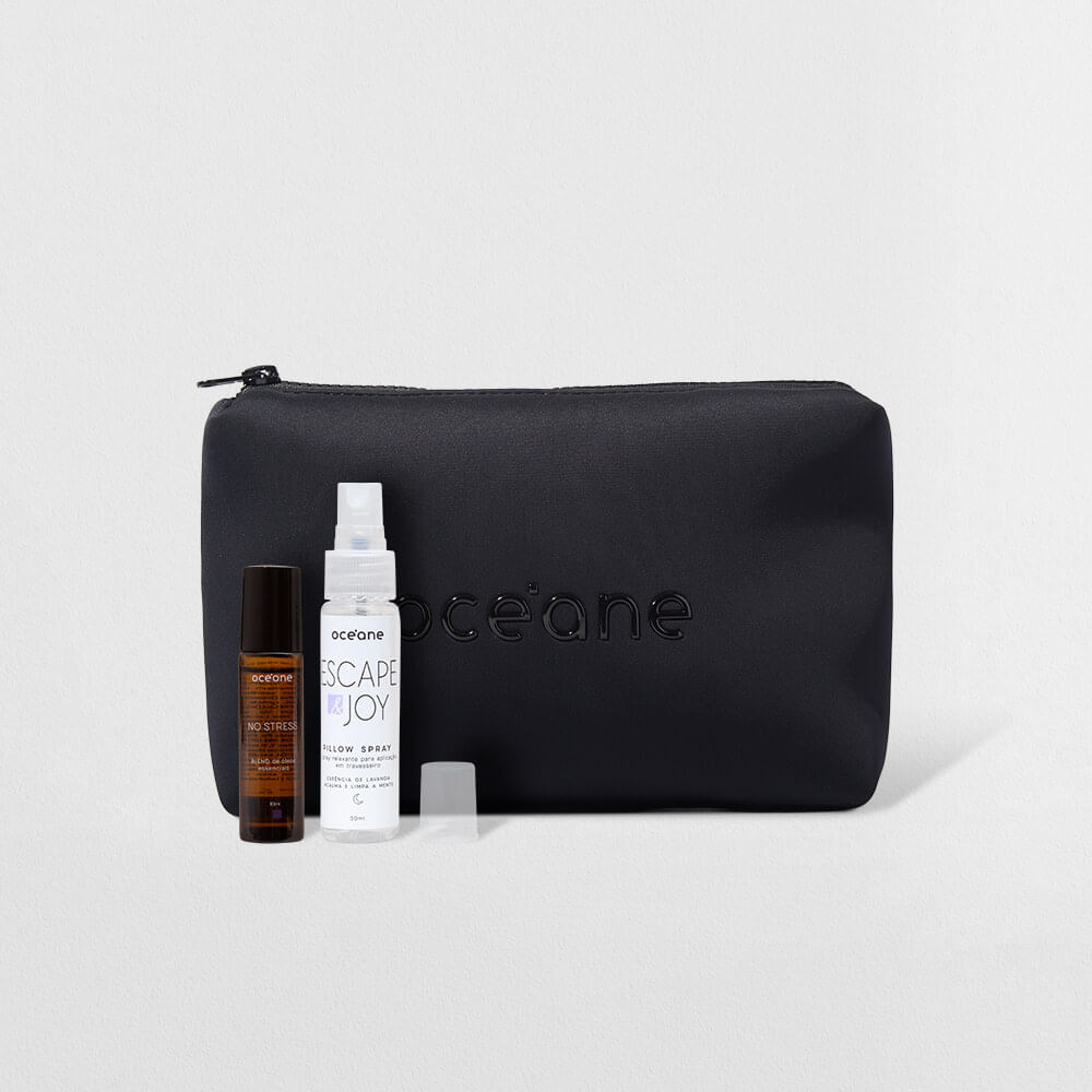 Kit Nécessaire Preto + Spray Relaxante + Blend de Óleos Essenciais (3 Produtos)