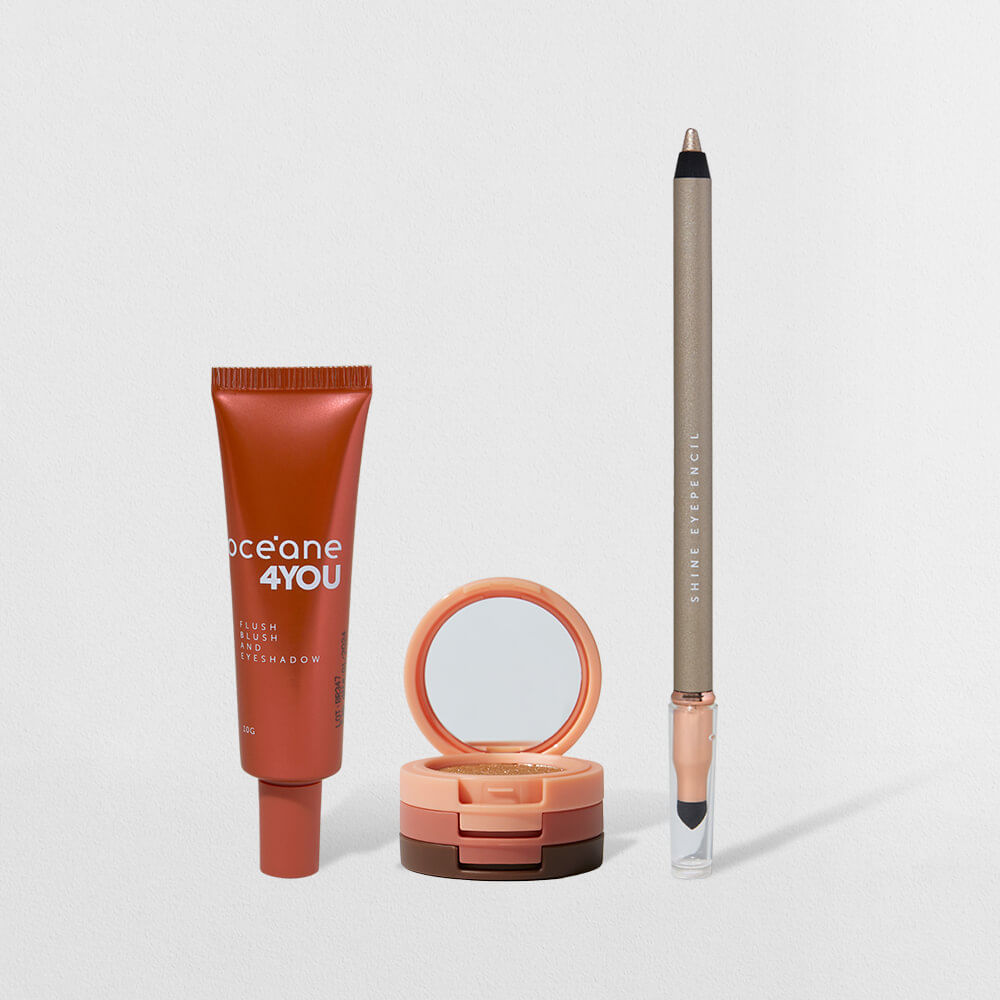 Kit Trio de Sombras Cooper Shine + Lápis para Olhos Dourado + Blush Líquido Laranja 4you (3 Produtos)