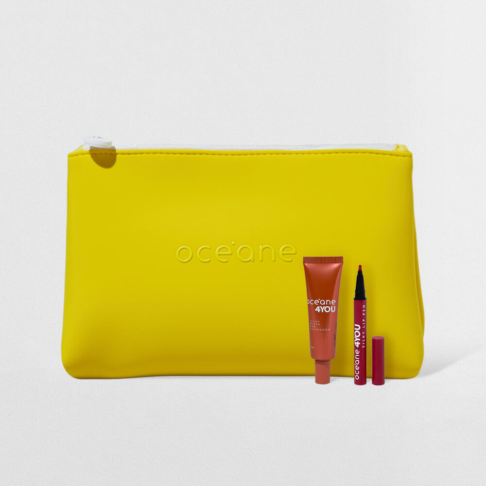 Kit Caneta Batom Rosa + Blush Líquido Laranja + Nécessaire Neoprene Amarelo 4you (3 Produtos)
