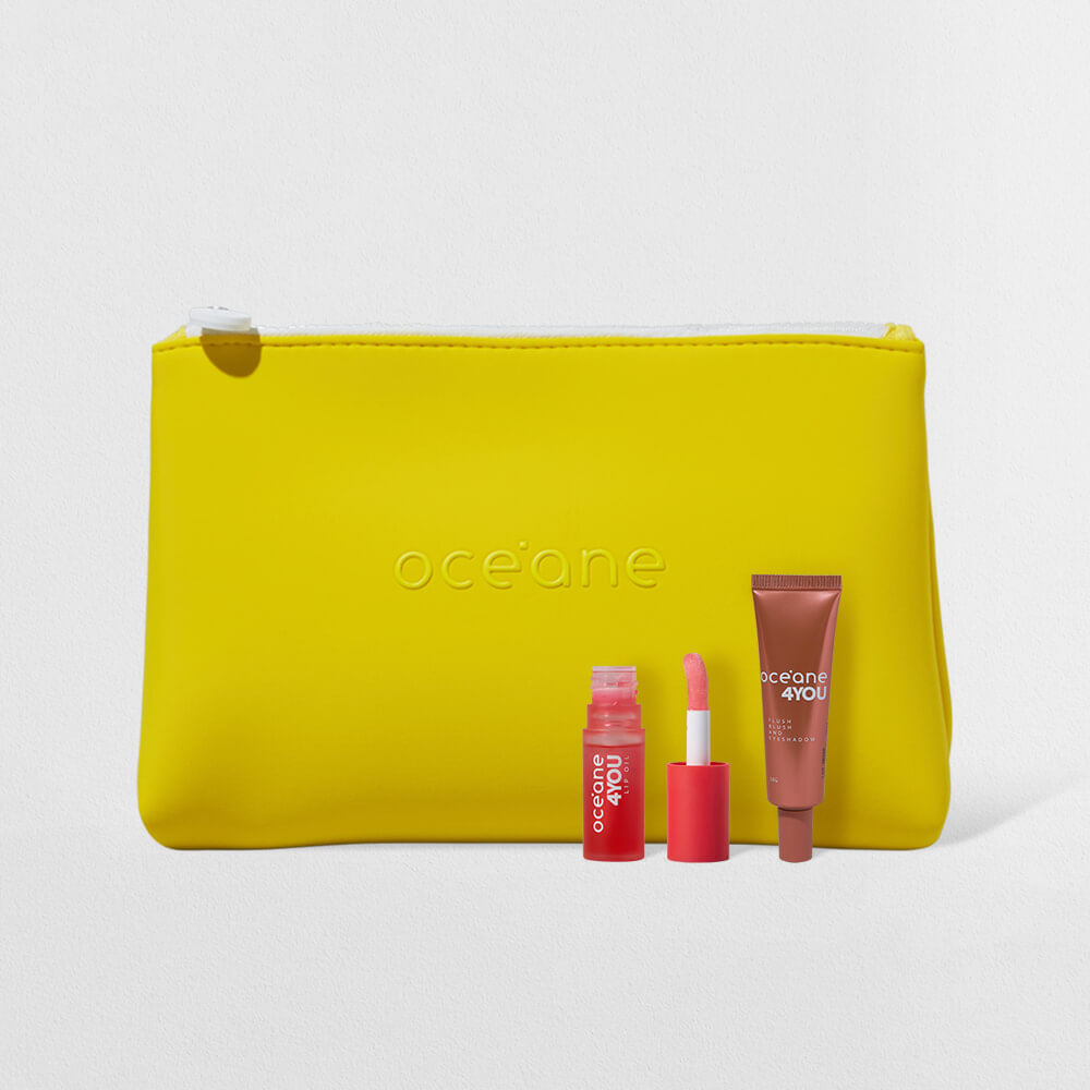 Kit Lip Oil Rosa + Blush Líquido Coral + Nécessaire Neoprene Amarelo 4you (3 Produtos)
