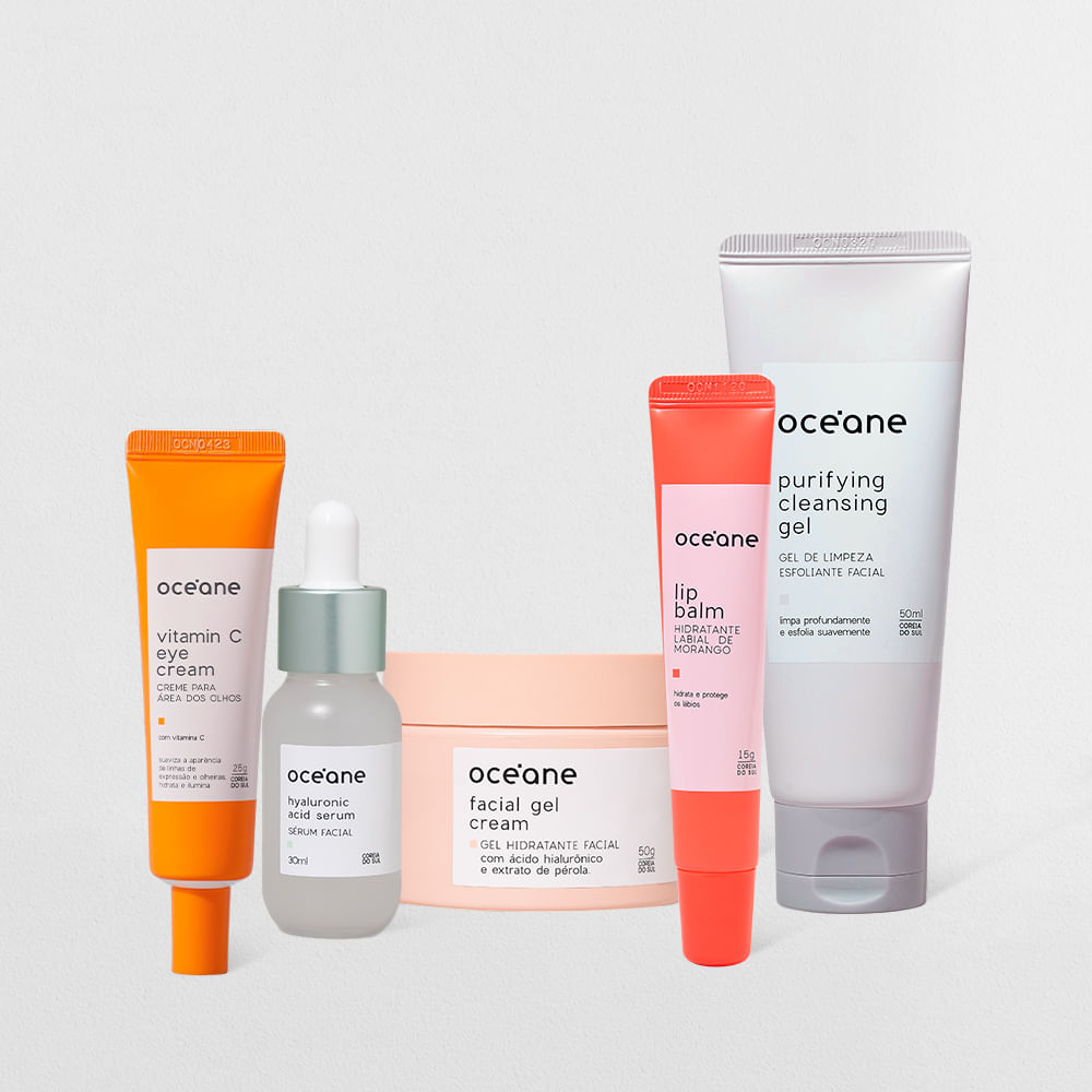 Kit Gel Hidratante + Gel de Limpeza + Sérum Facial + Hidratante Labial + Creme para Área Dos Olhos (5 Produtos)
