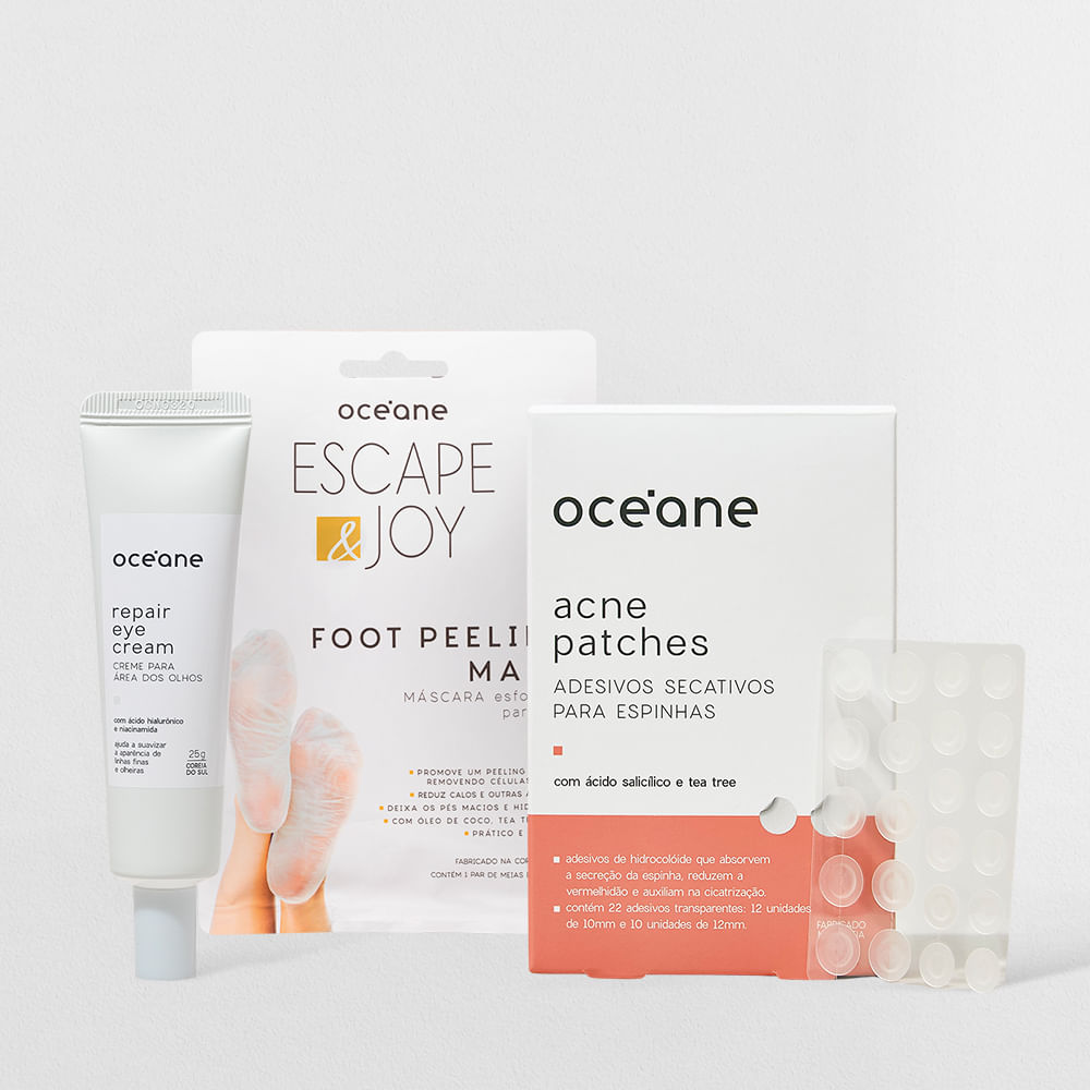 Kit Adesivo Secativos + Creme para Área Dos Olhos + Máscara Esfoliante para Pés (3 Produtos)