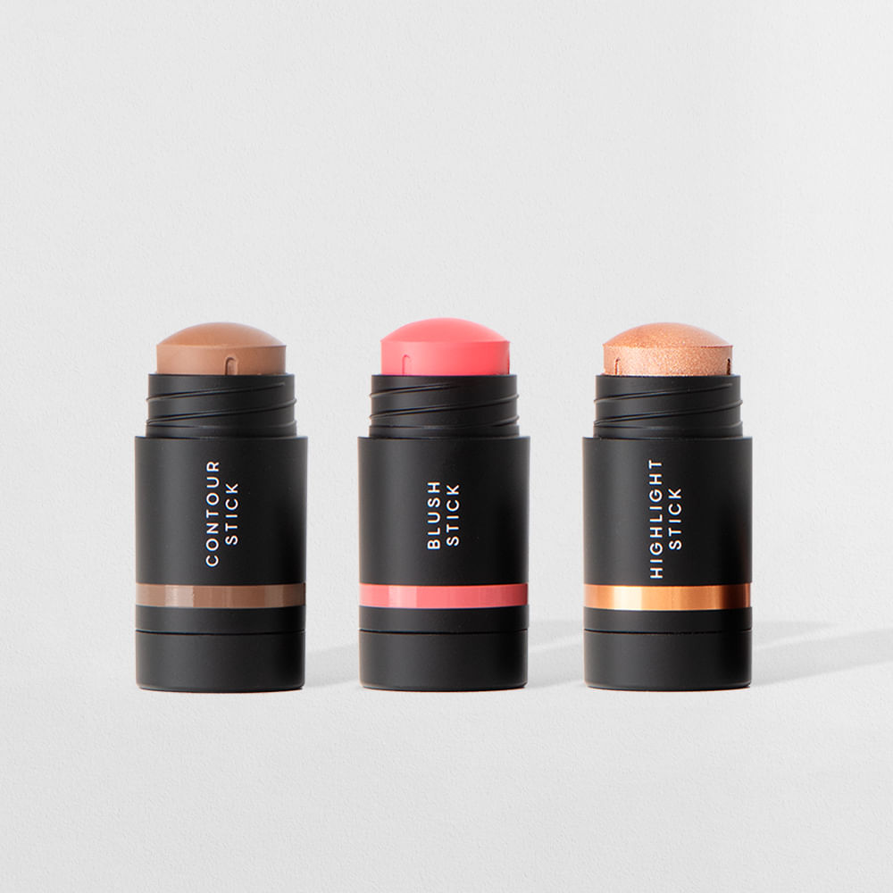 Kit Mini Contorno em Bastão Marrom Médio + Mini Blush em Bastão Rosa Claro + Mini Iluminador em Bastão Océane Edition (3 Produtos)
