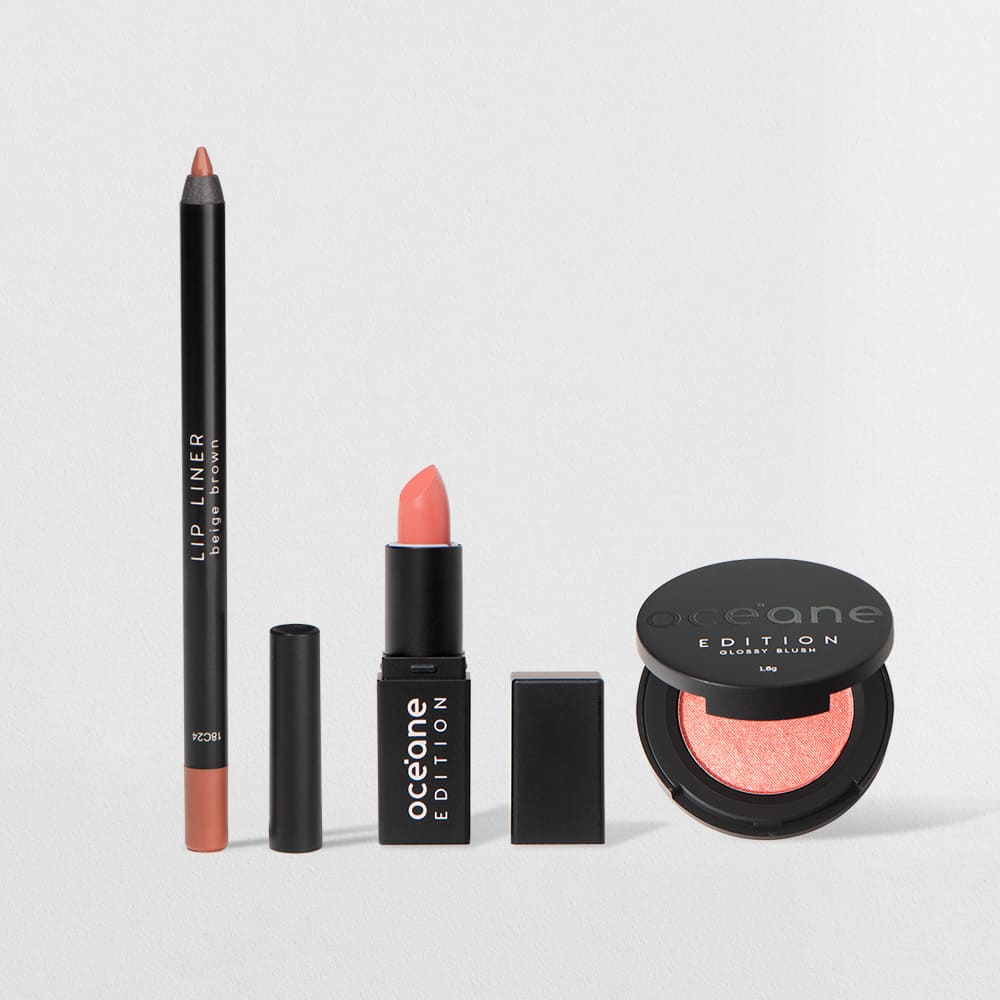 Kit Mini Batom Rosa + Mini Blush Cintilante + Lápis de Contorno Labial Océane Edition (3 Produtos)
