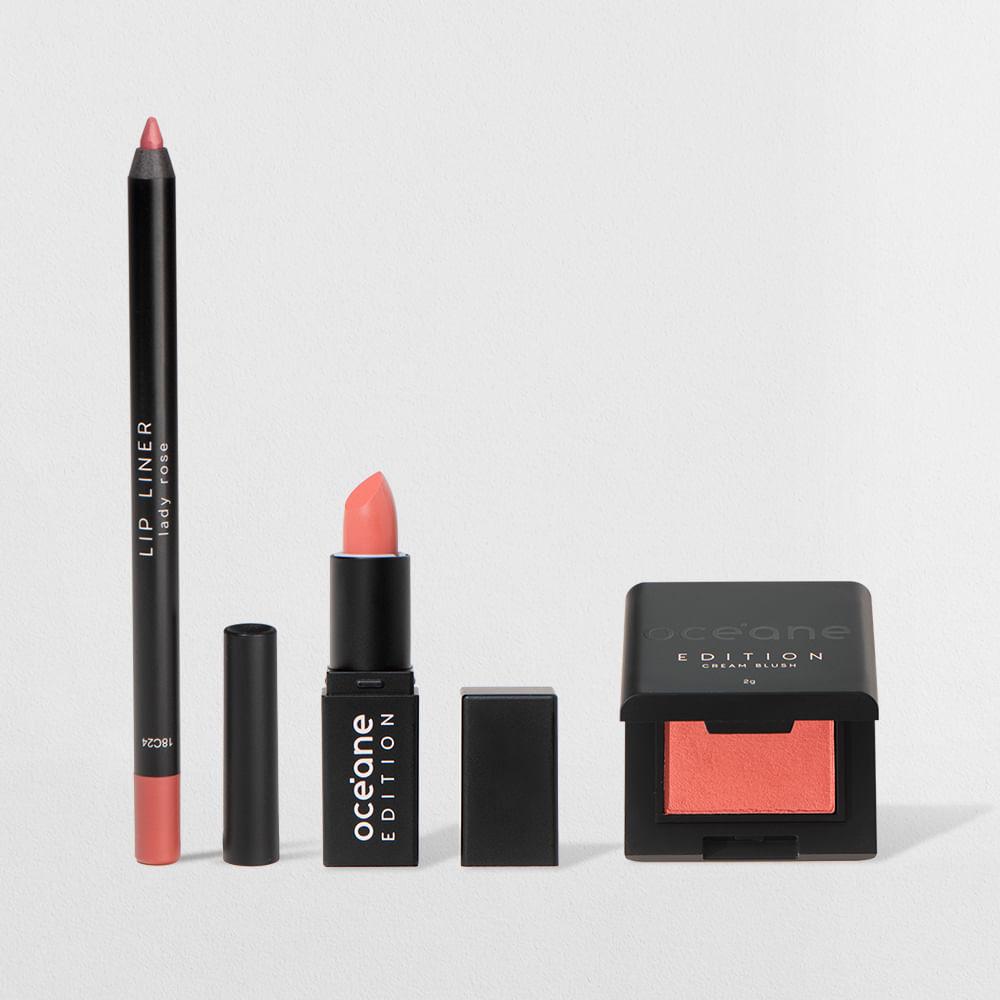 Kit Lápis Labial Rosa + Mini Batom Nude +  Mini Blush Cremoso Caramelo Océane Edition (3 Produtos)