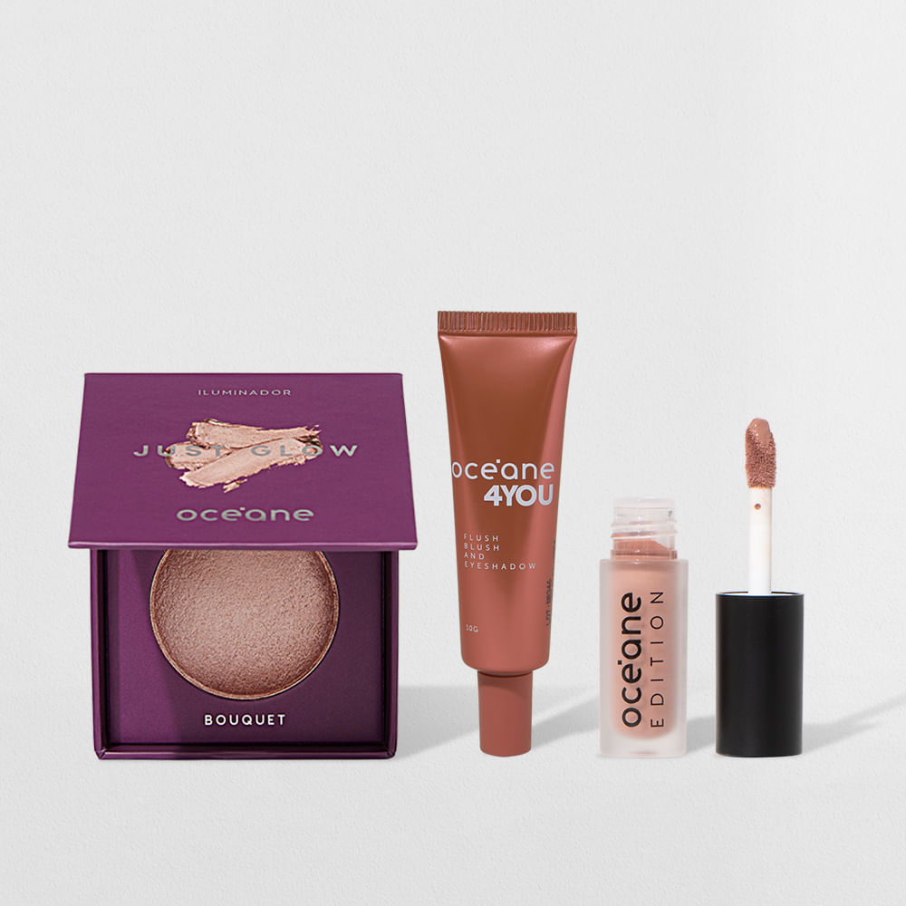 Kit Iluminador Rosa + Blush Líquido Laranja + Mini Batom Nude Océane (3 Produtos)