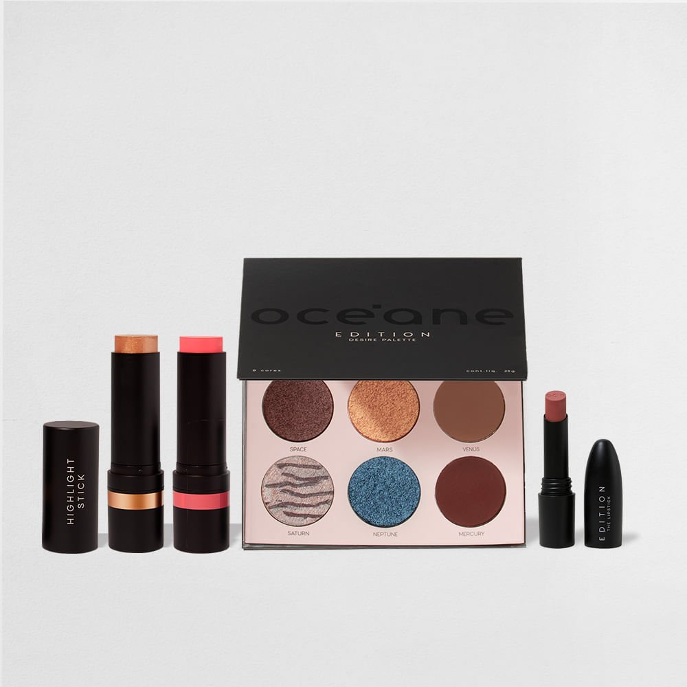 Kit Paleta de Sombras + Blush em Bastão Rosa Claro + Iluminador em Bastão + Batom Nude Semi-Matte Océane Edition (4 Produtos)