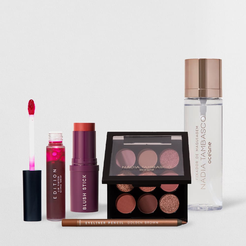 Kit Blush em Bastão + Fixador de Maquiagem + Lápis para Olhos + Lip Tinted + Paleta de Sombras (5 Produtos)