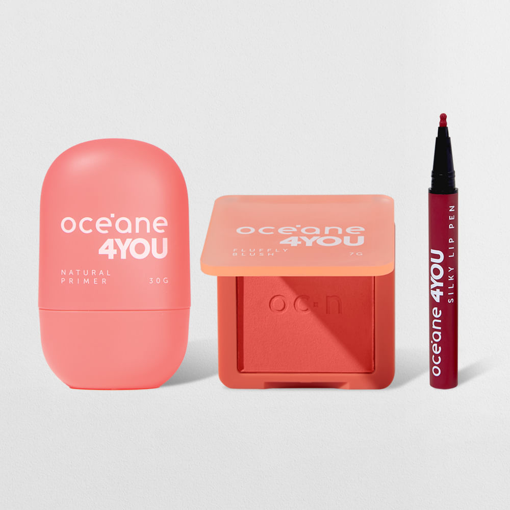 Kit Blush Cremoso Coral + Caneta Batom Rosa + Primer Facial 4you (3 Produtos)