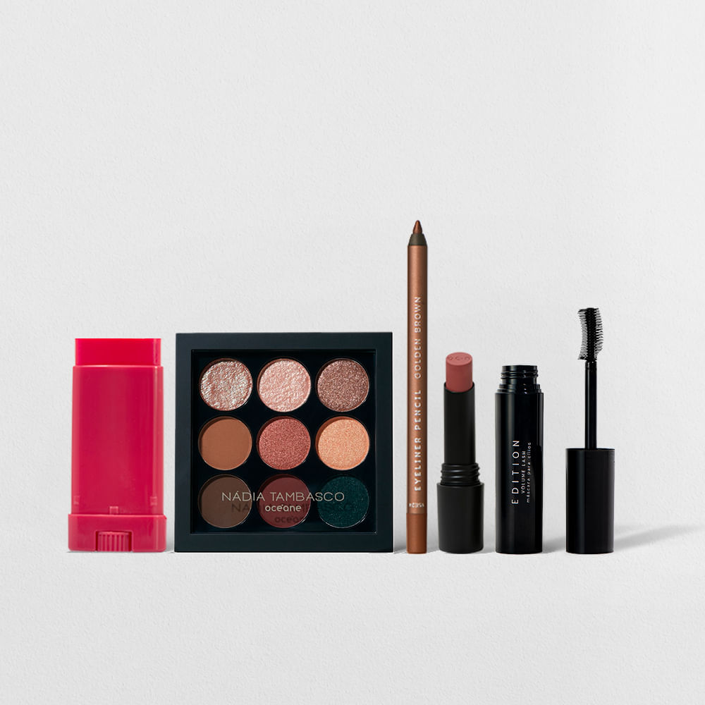 Kit Lápis de Olhos + Blush + Paleta de Sombras + Máscara de Cílios + Batom Nude Océane (5 Produtos)