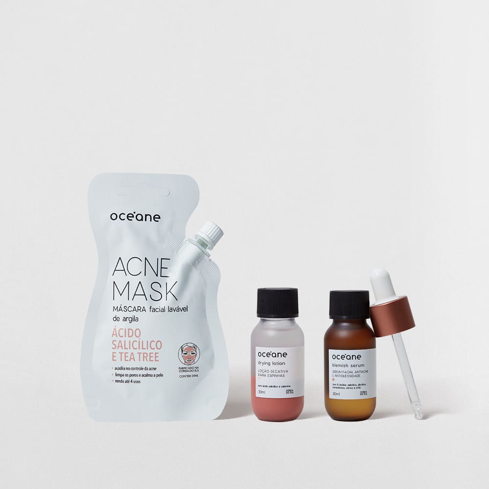 Kit Sérum Antiacne + Loção Secativa + Máscara Facial Antiacne (3 Produtos)