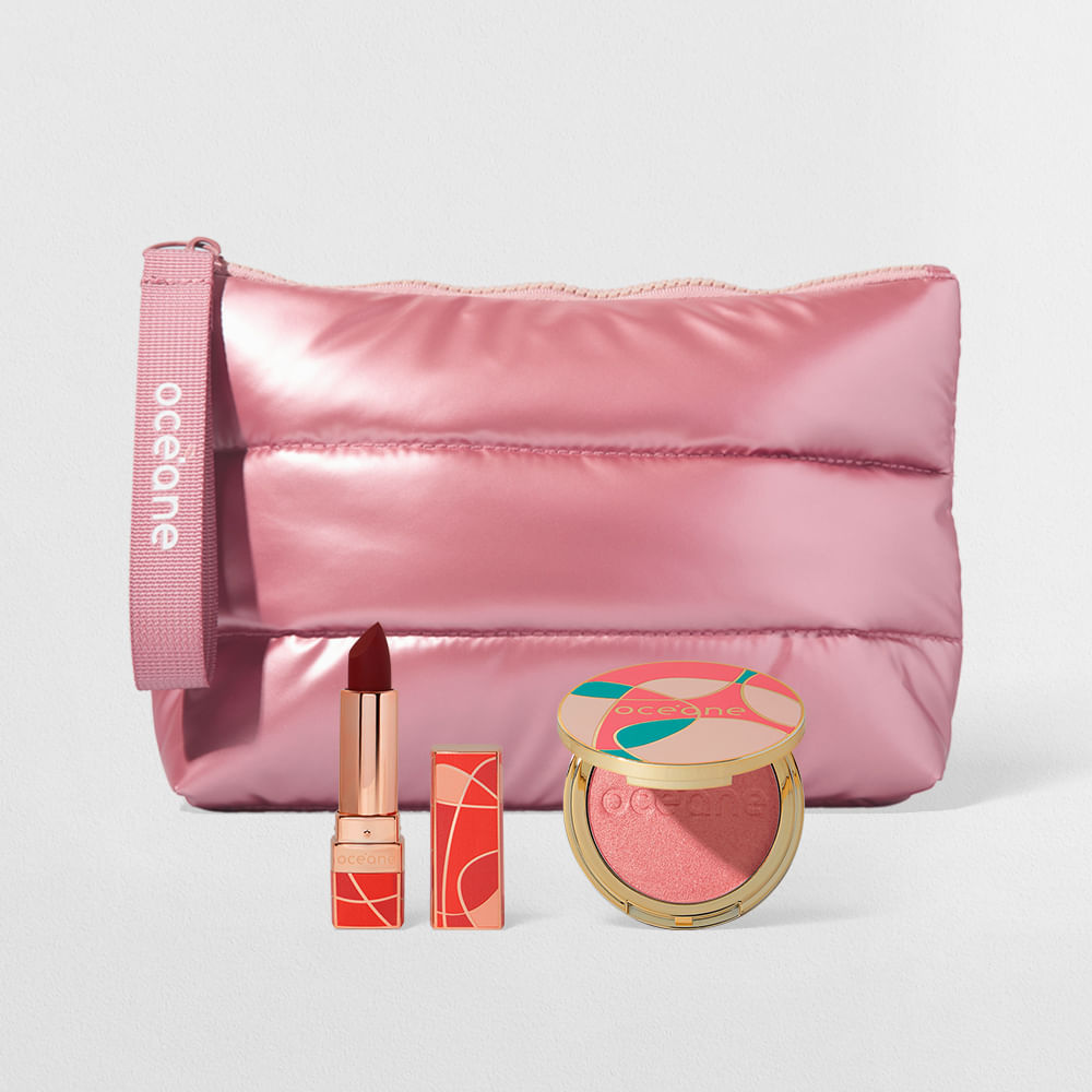 Kit Blush Cintilante + Batom Vinho + Nécessaire Puffer (3 Produtos)