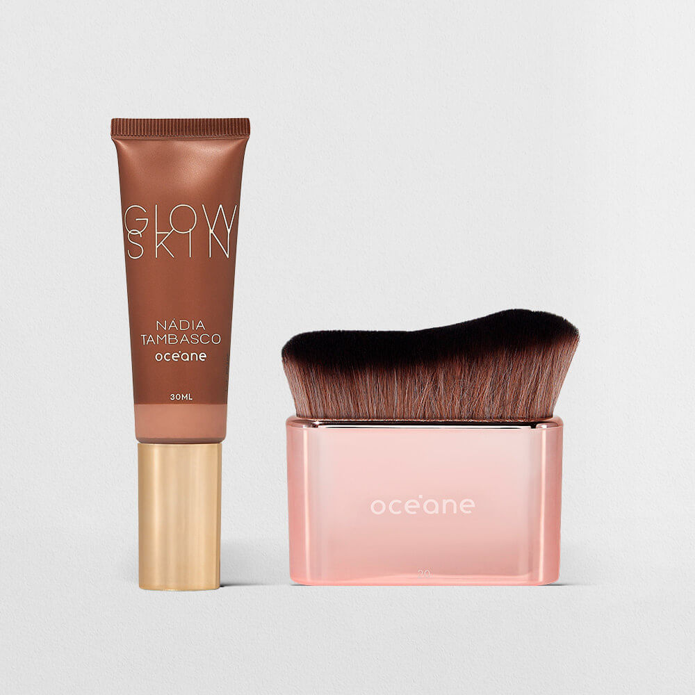 Kit Primer Iluminador Glow Skin Medium Tan + Pincel Ocn20 (2 Produtos)